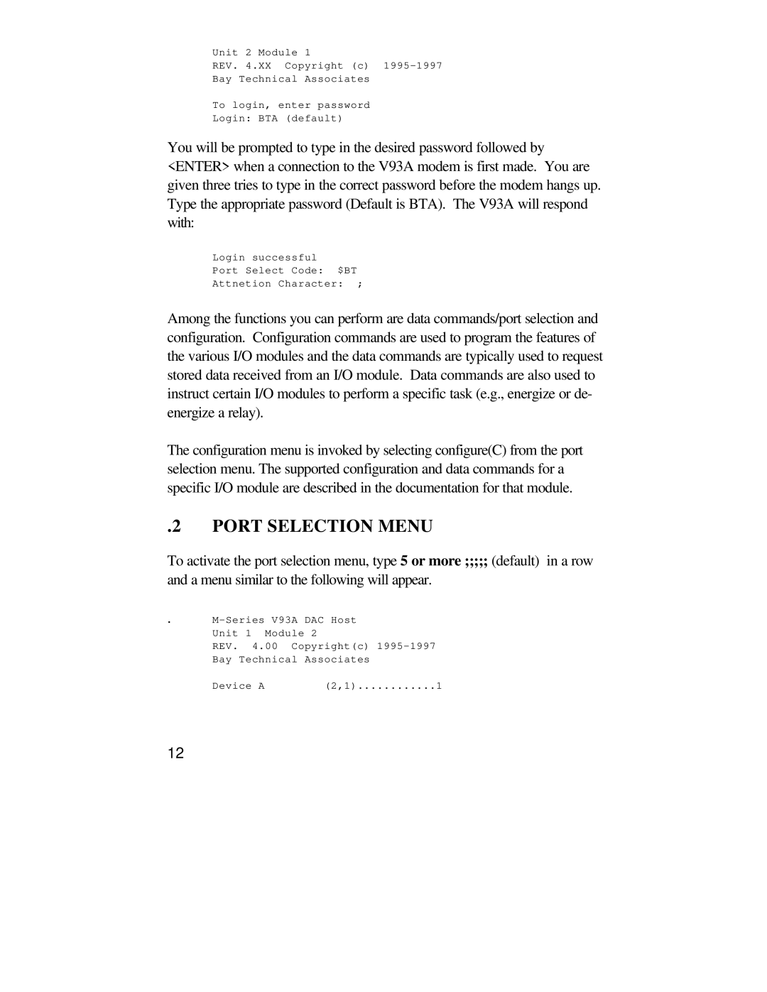 Bay Technical Associates U140E116-02 owner manual Port Selection Menu 