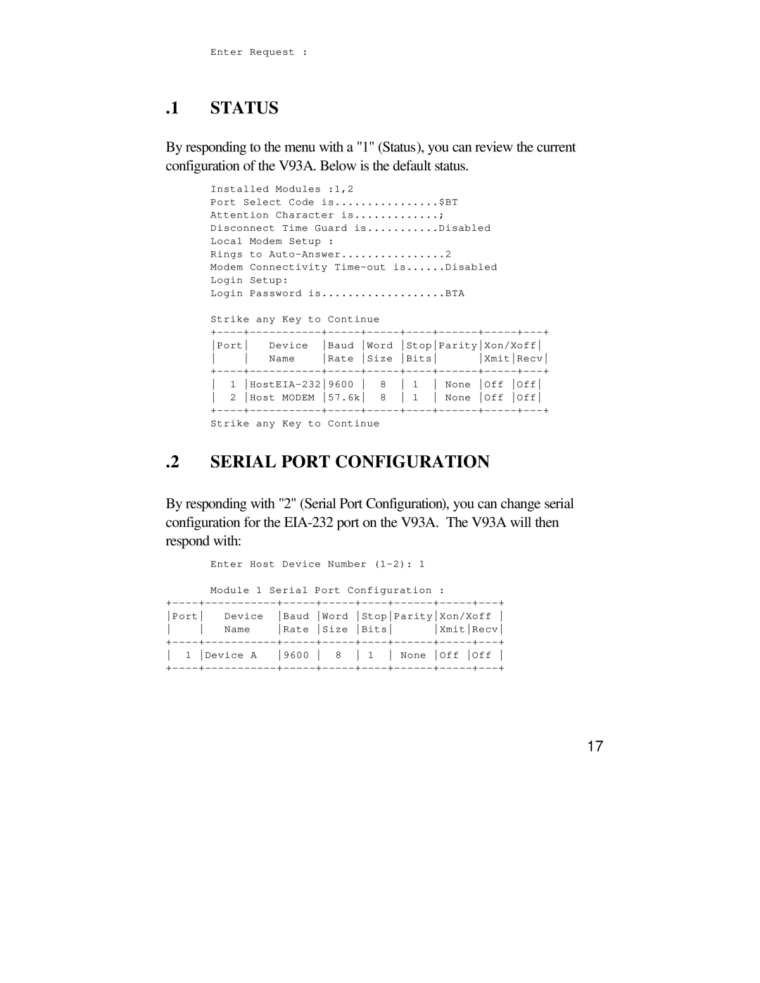 Bay Technical Associates U140E116-02 owner manual Status, Serial Port Configuration 