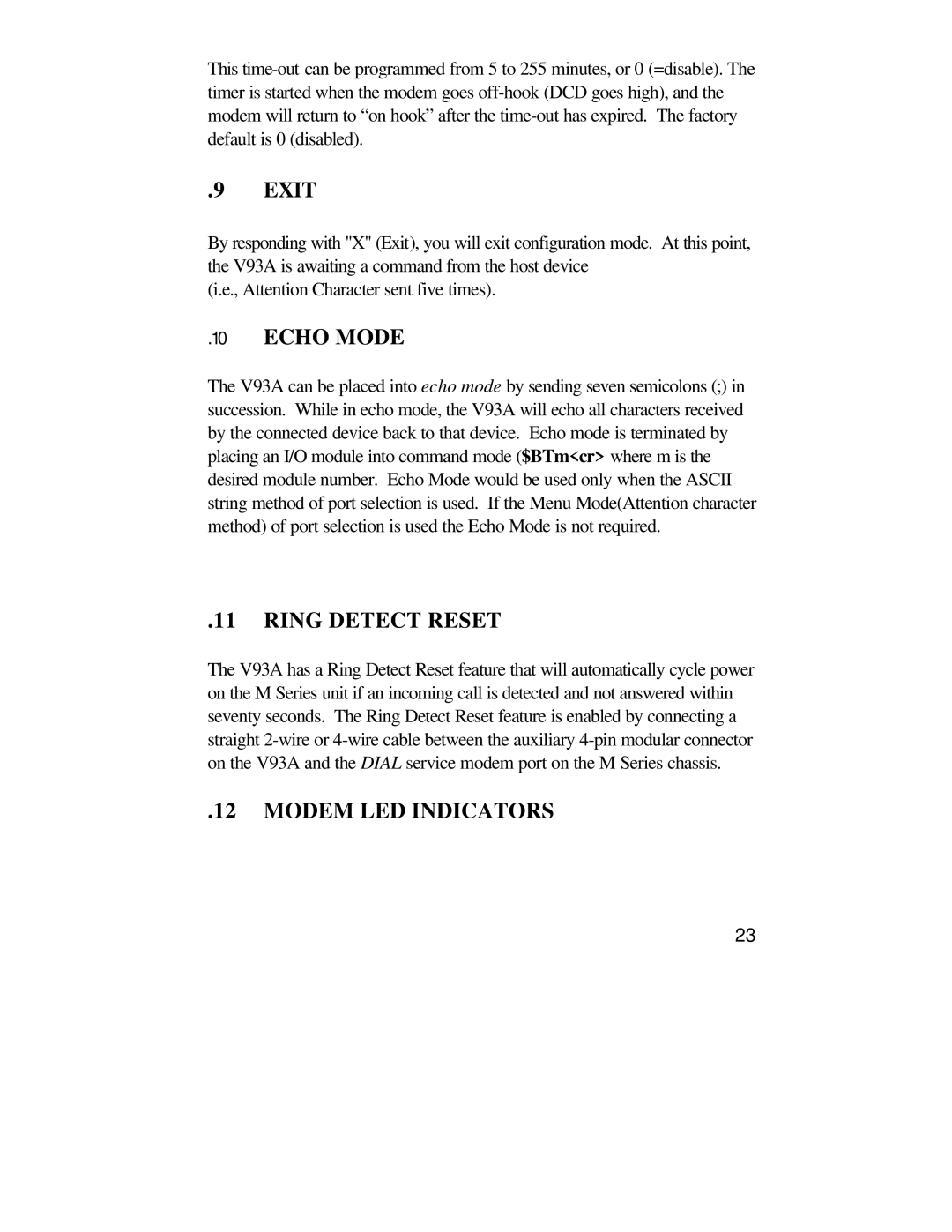 Bay Technical Associates U140E116-02 owner manual Echo Mode, Ring Detect Reset, Modem LED Indicators 