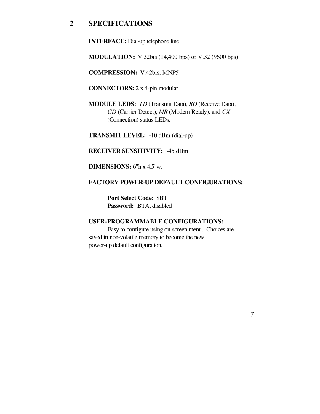 Bay Technical Associates U140E116-02 owner manual Specifications, Compression V.42bis, MNP5 