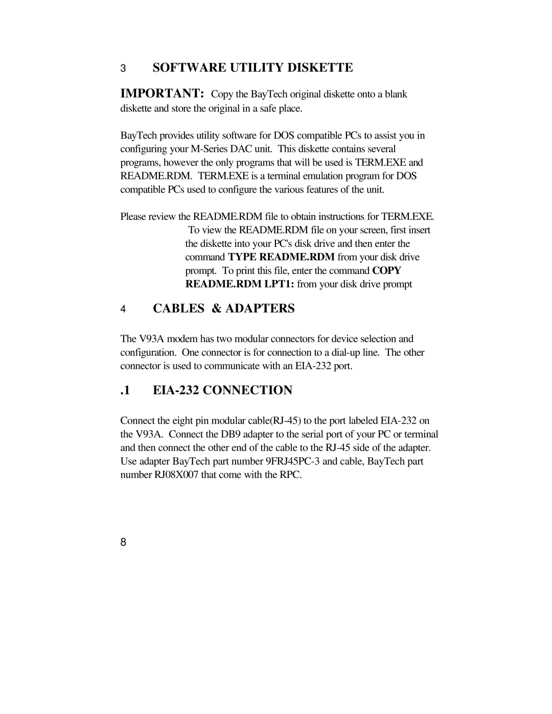 Bay Technical Associates U140E116-02 owner manual Software Utility Diskette, Cables & Adapters, EIA-232 Connection 