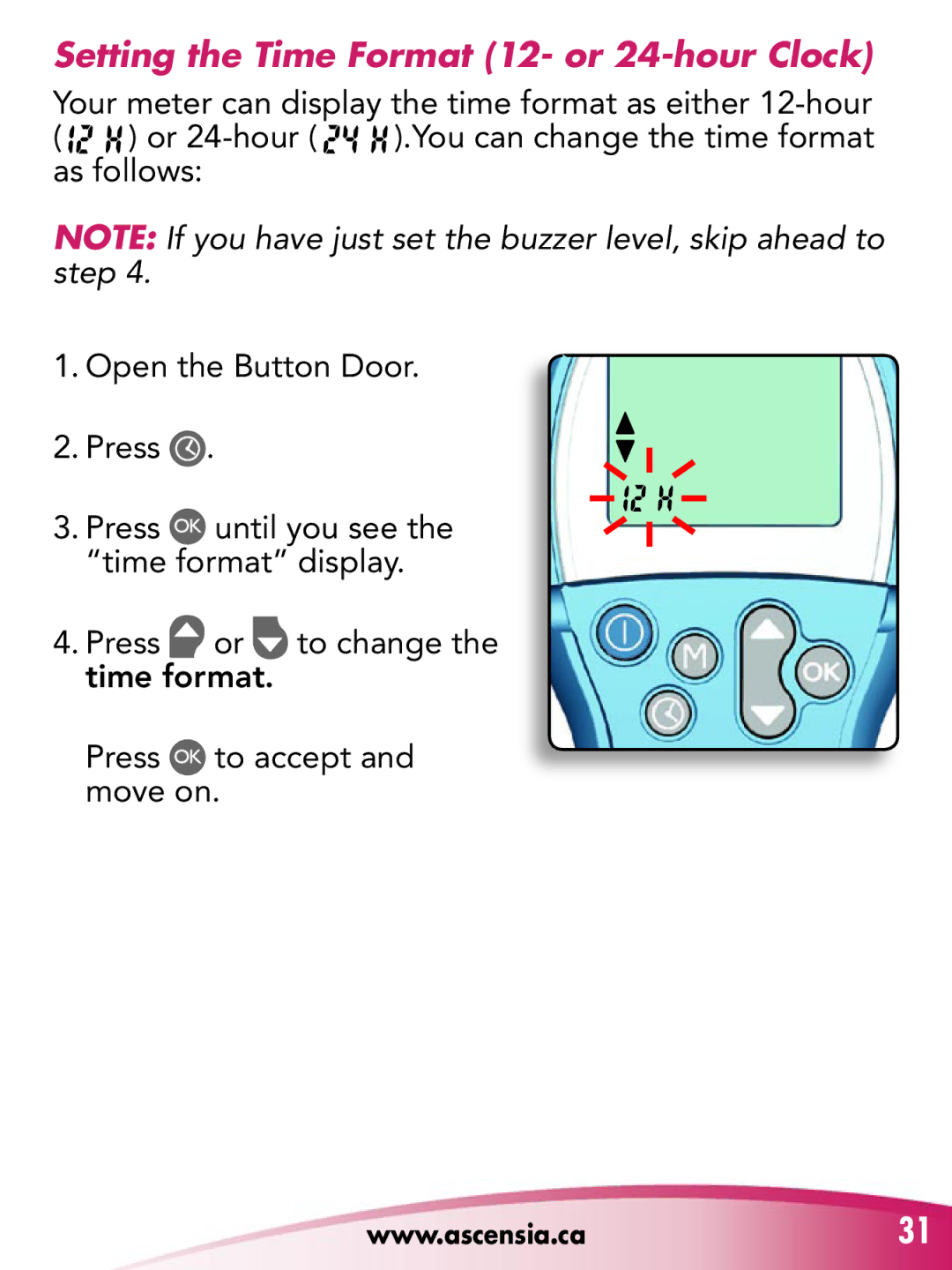 Bayer HealthCare manual Setting the Time Format 12- or 24-hour Clock 