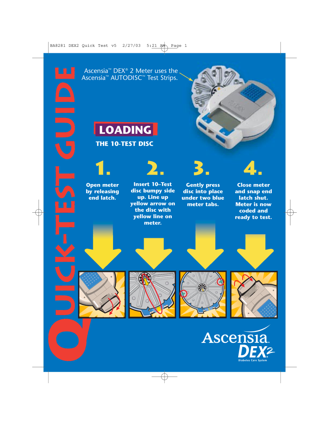 Bayer HealthCare Ascensia DEX2, AUTODISC manual Loading, TEST Disc, Qtest-Uick 