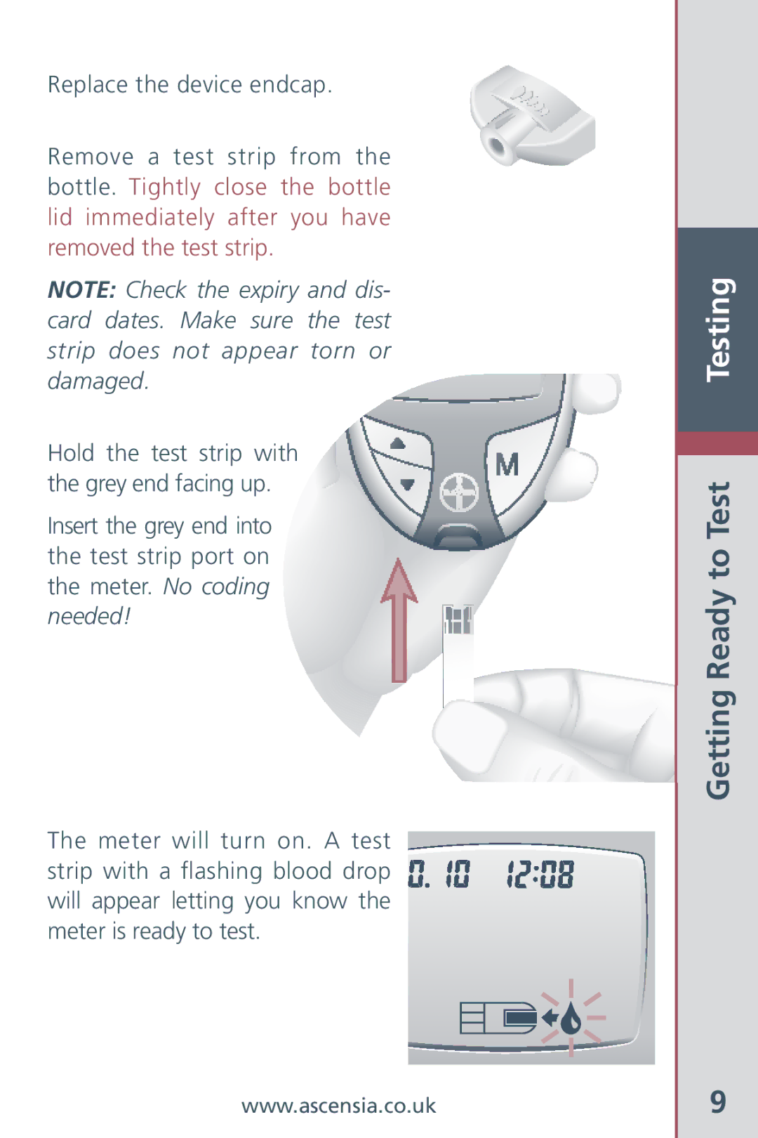 Bayer HealthCare Blood Glucose Meter manual Getting Ready to Test Testing 