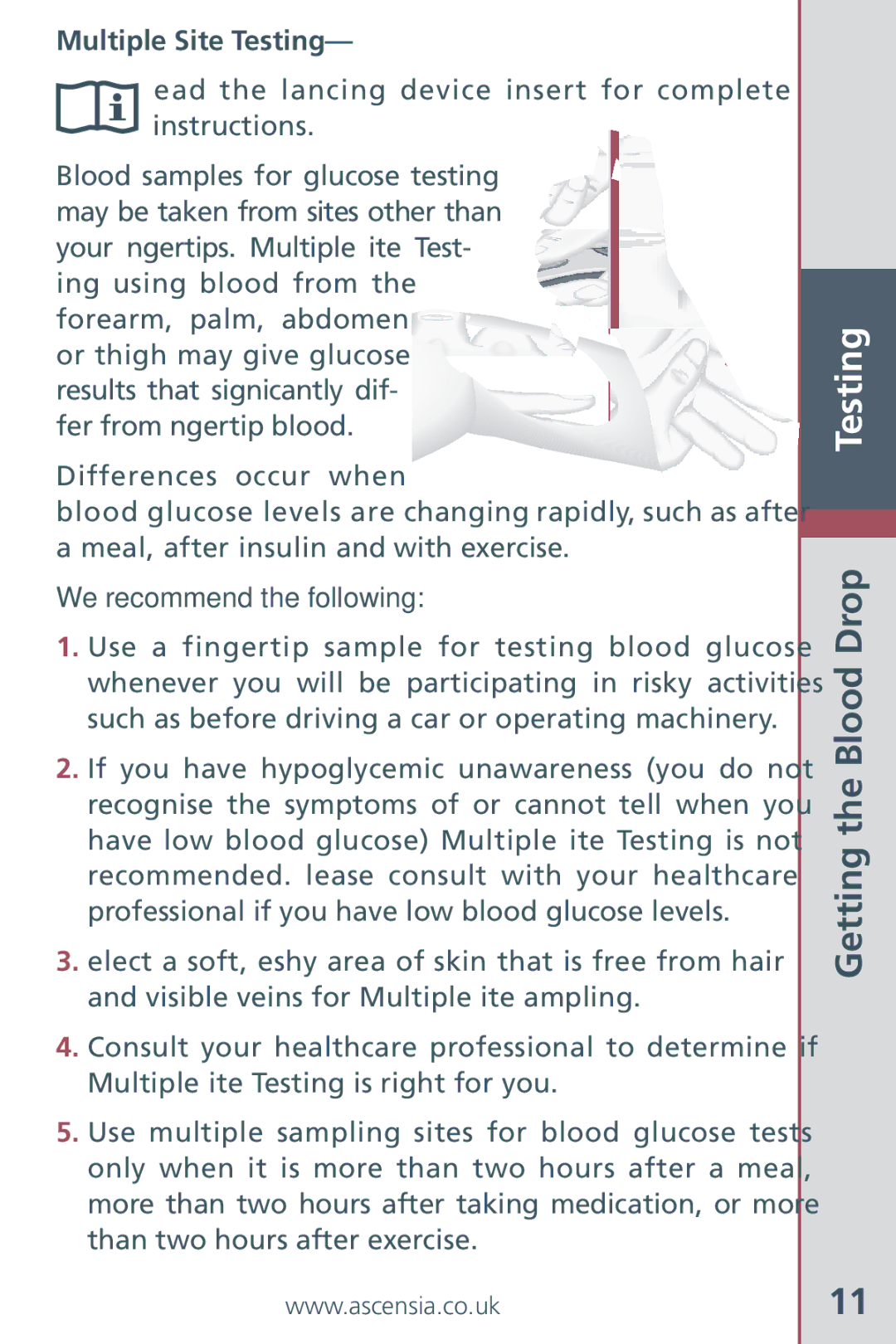 Bayer HealthCare Blood Glucose Meter manual Getting the Blood Drop Testing, Multiple Site Testing 