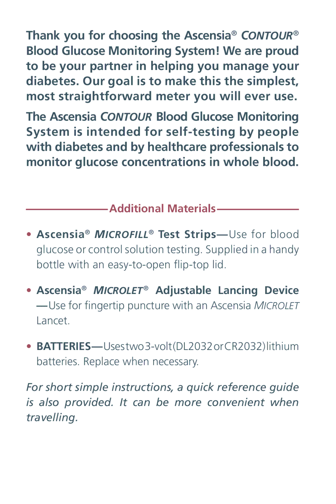 Bayer HealthCare Blood Glucose Meter manual Thank you for choosing the Ascensia Contour 