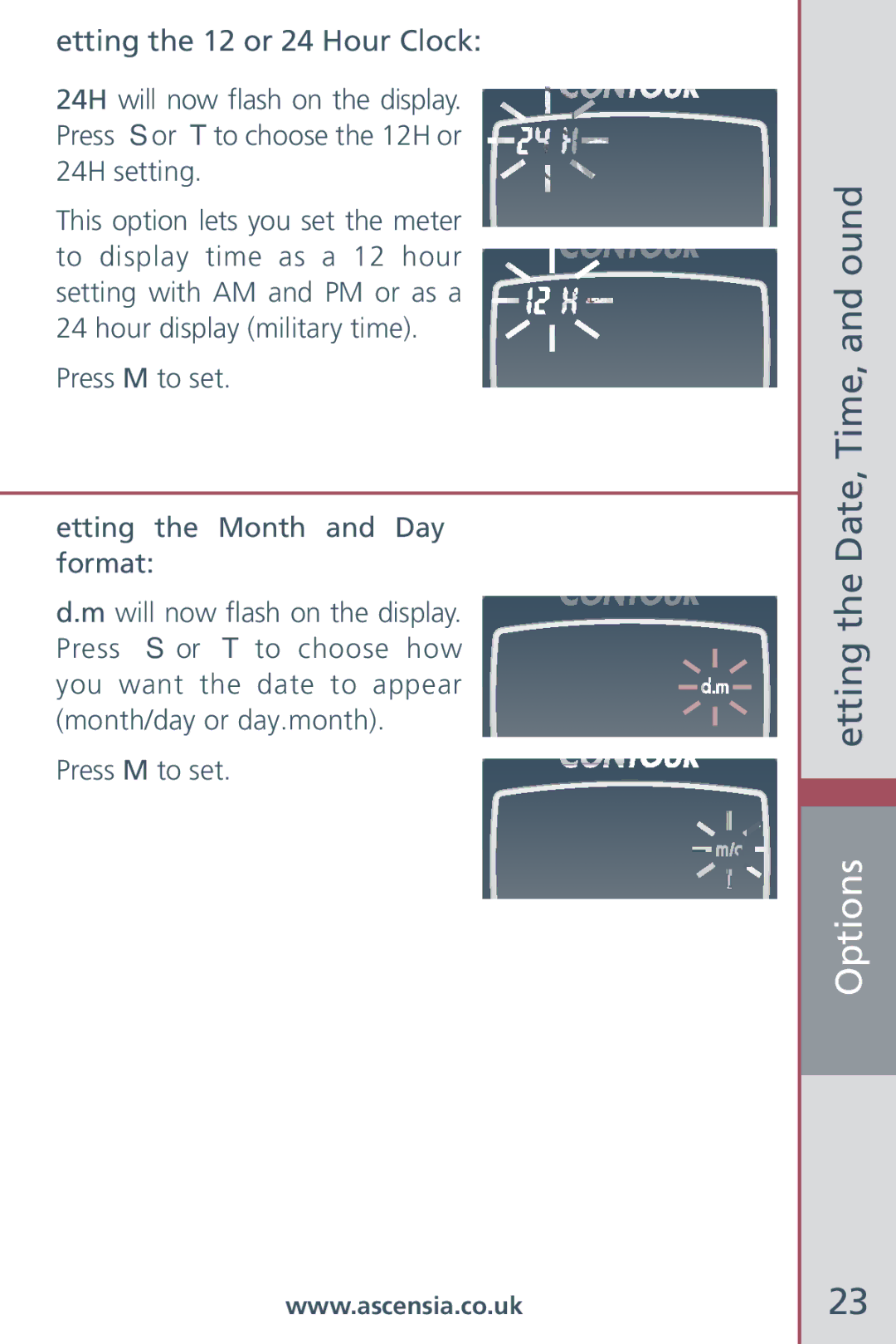 Bayer HealthCare Blood Glucose Meter manual Setting the 12 or 24 Hour Clock, Setting the Month and Day format 