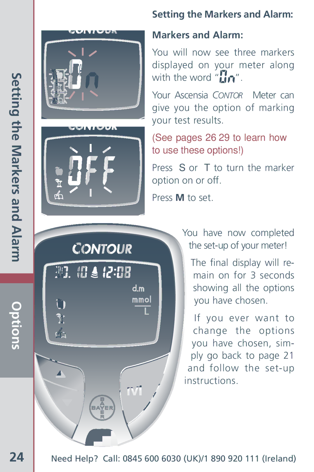 Bayer HealthCare Blood Glucose Meter manual Setting the Markers and Alarm Options 