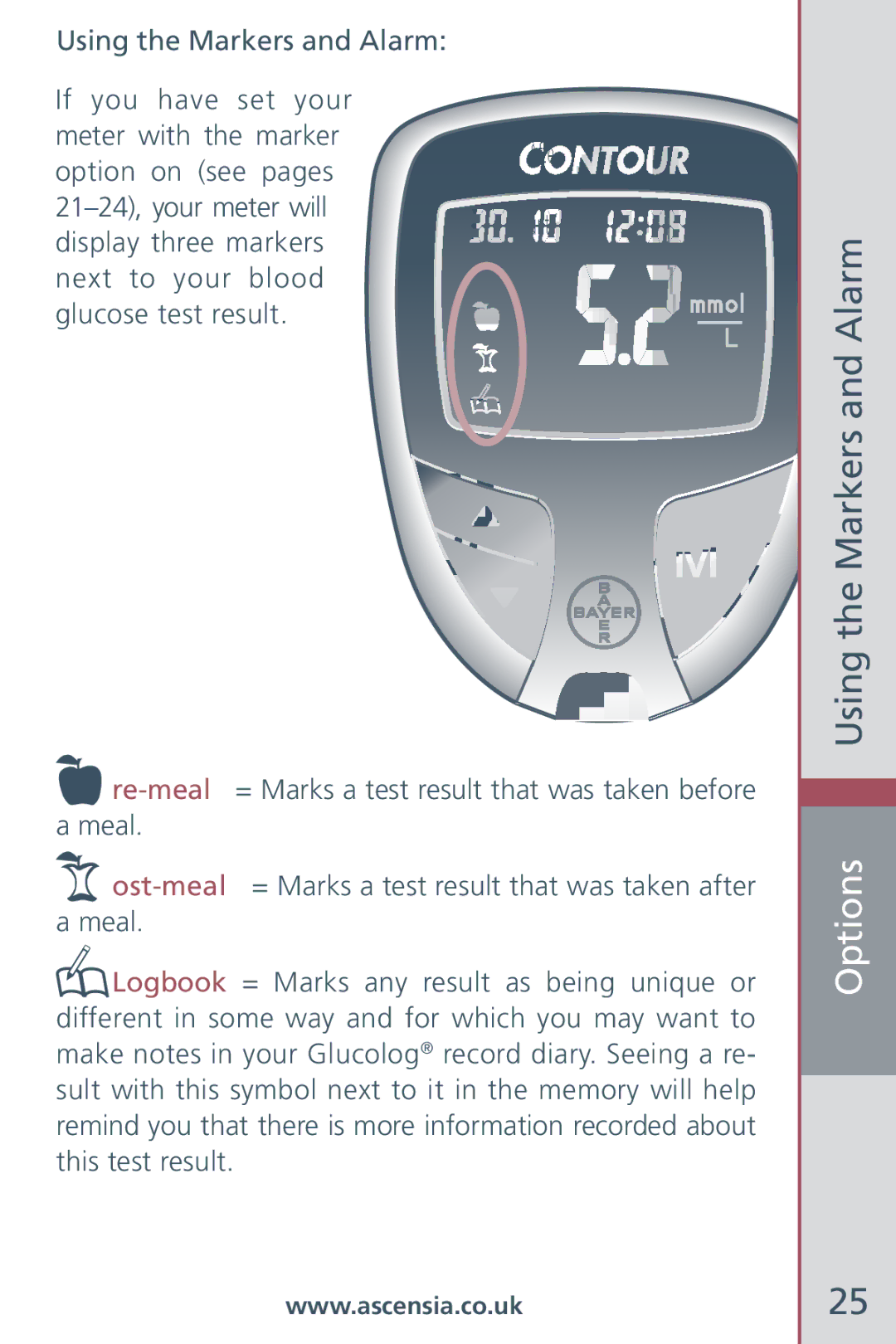 Bayer HealthCare Blood Glucose Meter manual Options Using the Markers and Alarm 