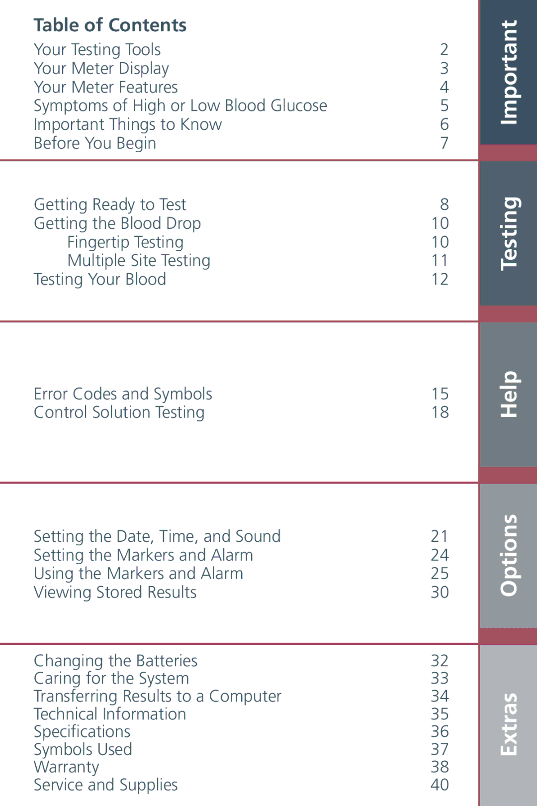 Bayer HealthCare Blood Glucose Meter manual Help, Table of Contents 