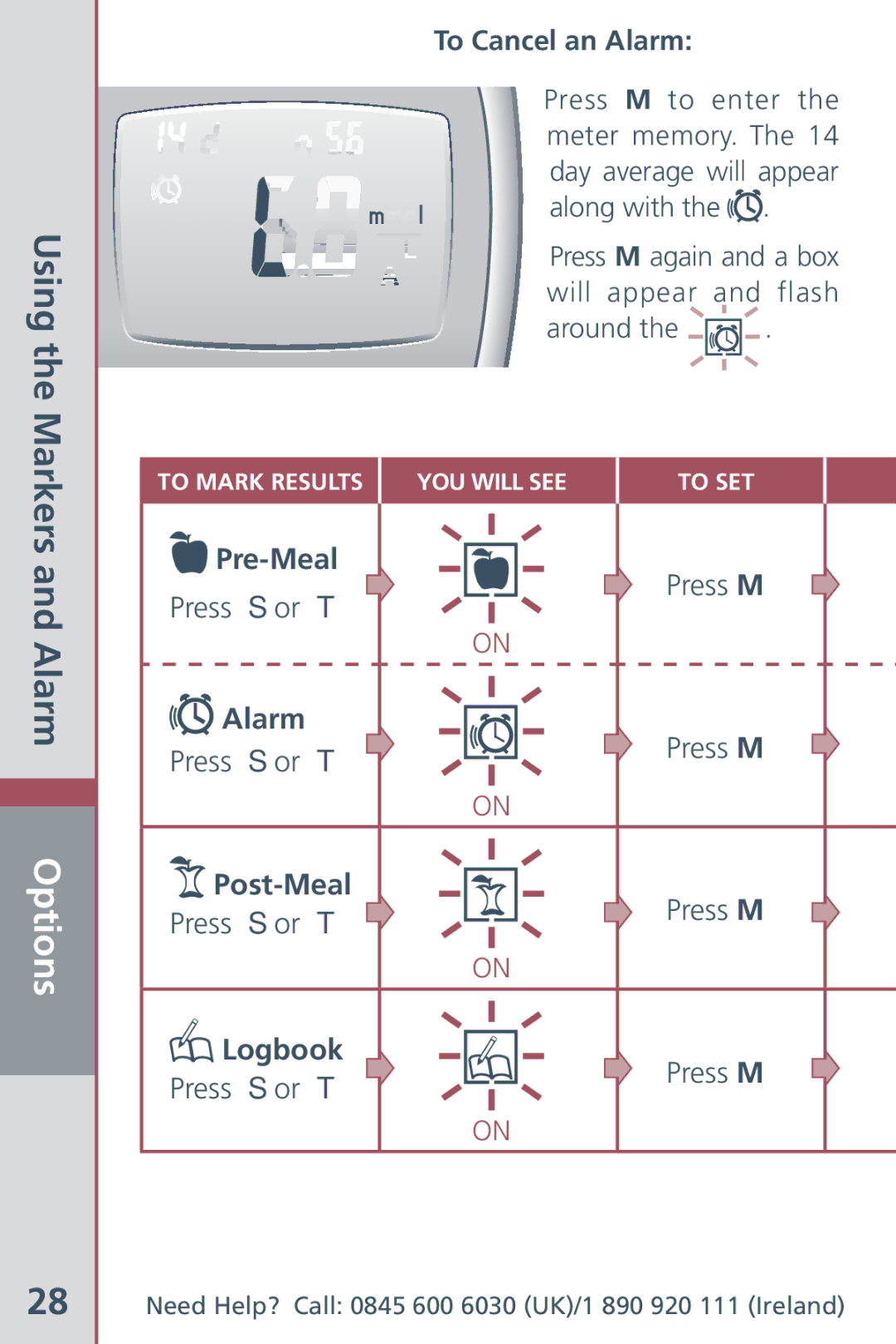 Bayer HealthCare Blood Glucose Meter manual Markers, Alarm, Pre-Meal, Post-Meal, Logbook 