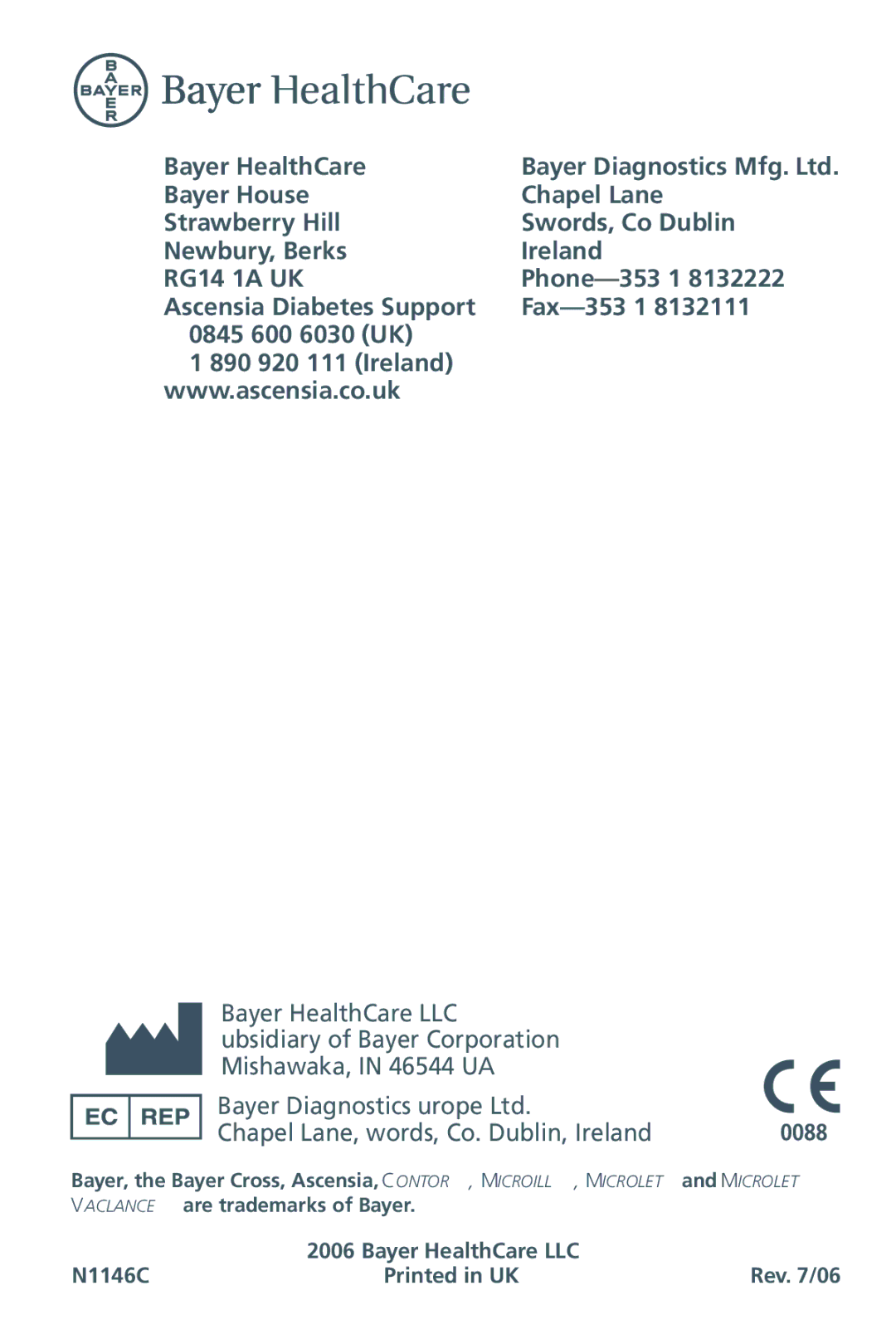 Bayer HealthCare Blood Glucose Meter manual RG14 1JA UK 