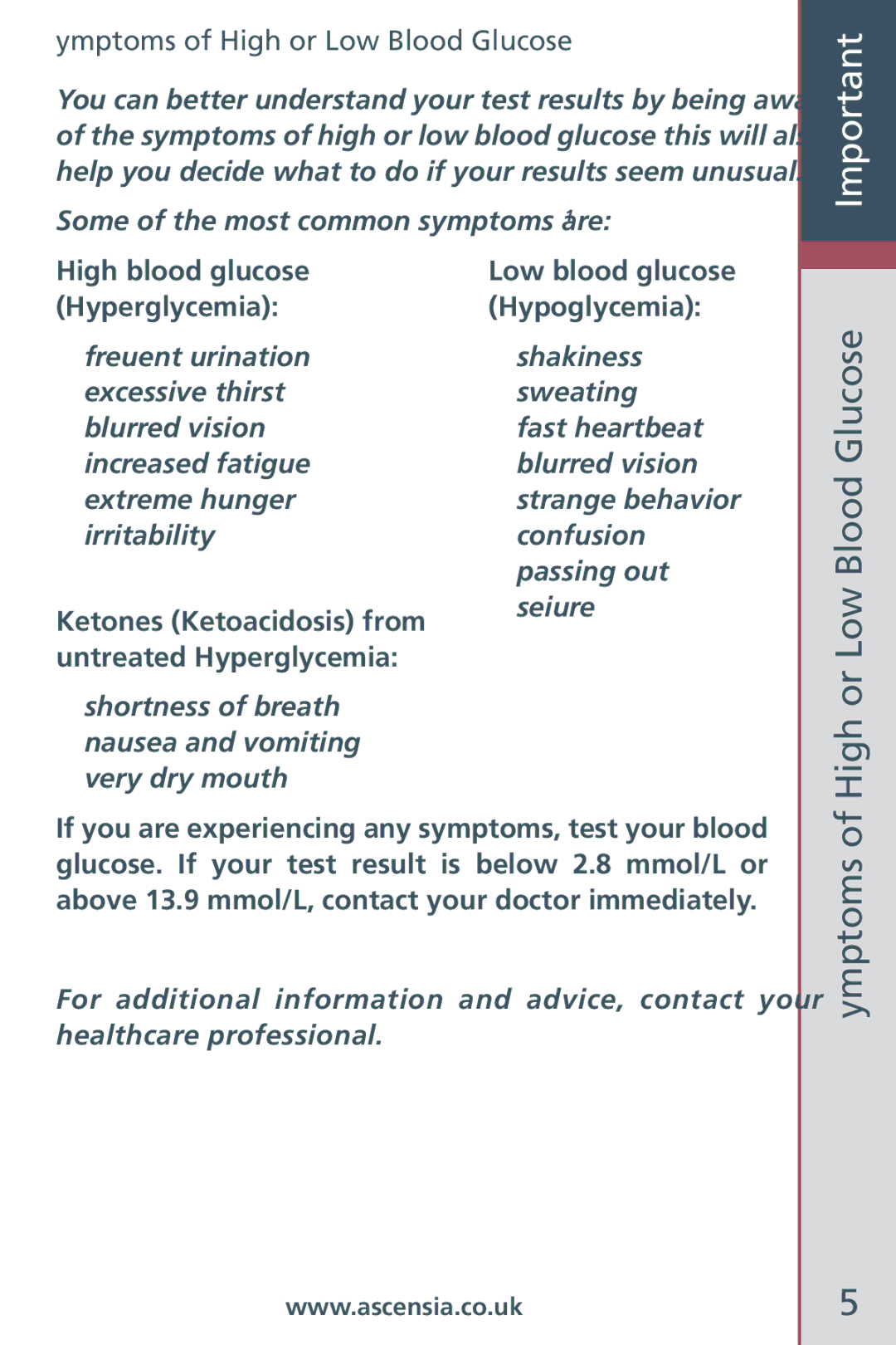 Bayer HealthCare Blood Glucose Meter manual Symptoms of High or Low Blood Glucose Important 