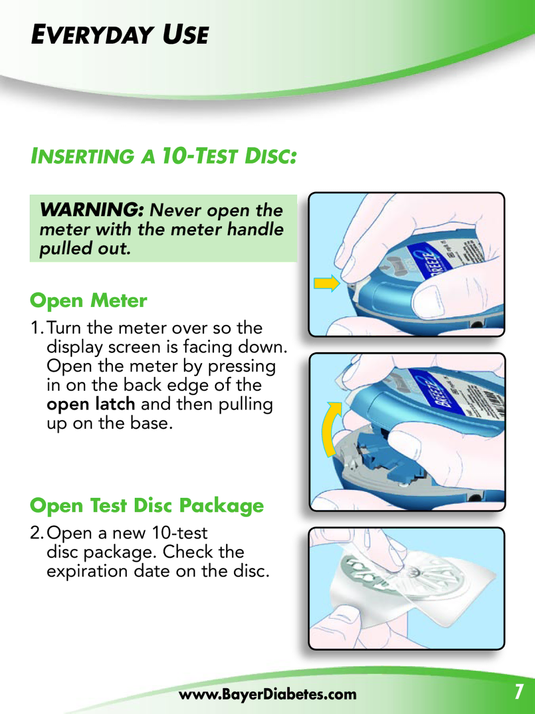 Bayer HealthCare Breeze 2 manual Everyday use, InserTIng a 10-TesT dIsC 