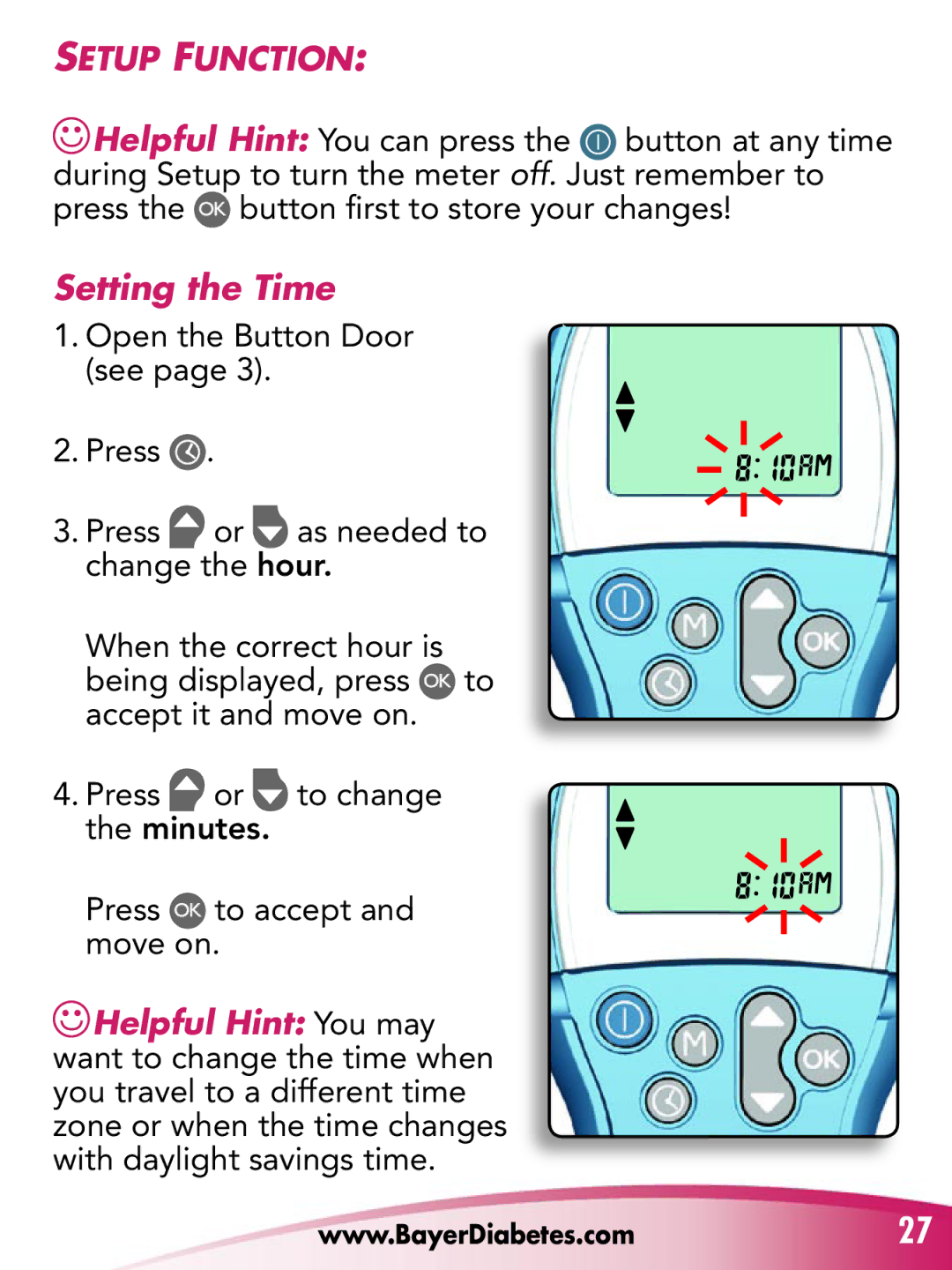 Bayer HealthCare Breeze 2 manual SeTuP funCTIon, Setting the Time 