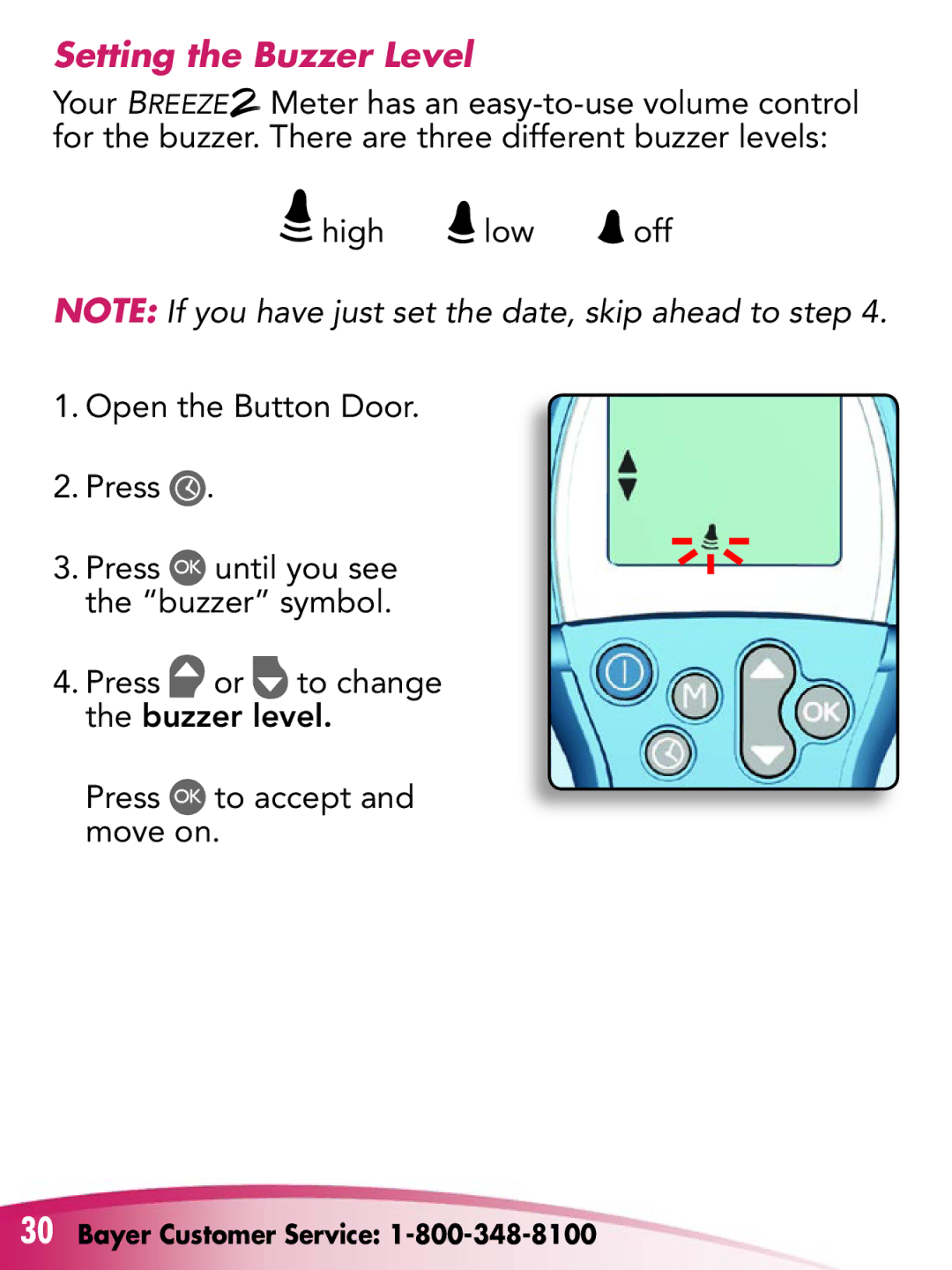 Bayer HealthCare Breeze 2 manual Setting the Buzzer Level 