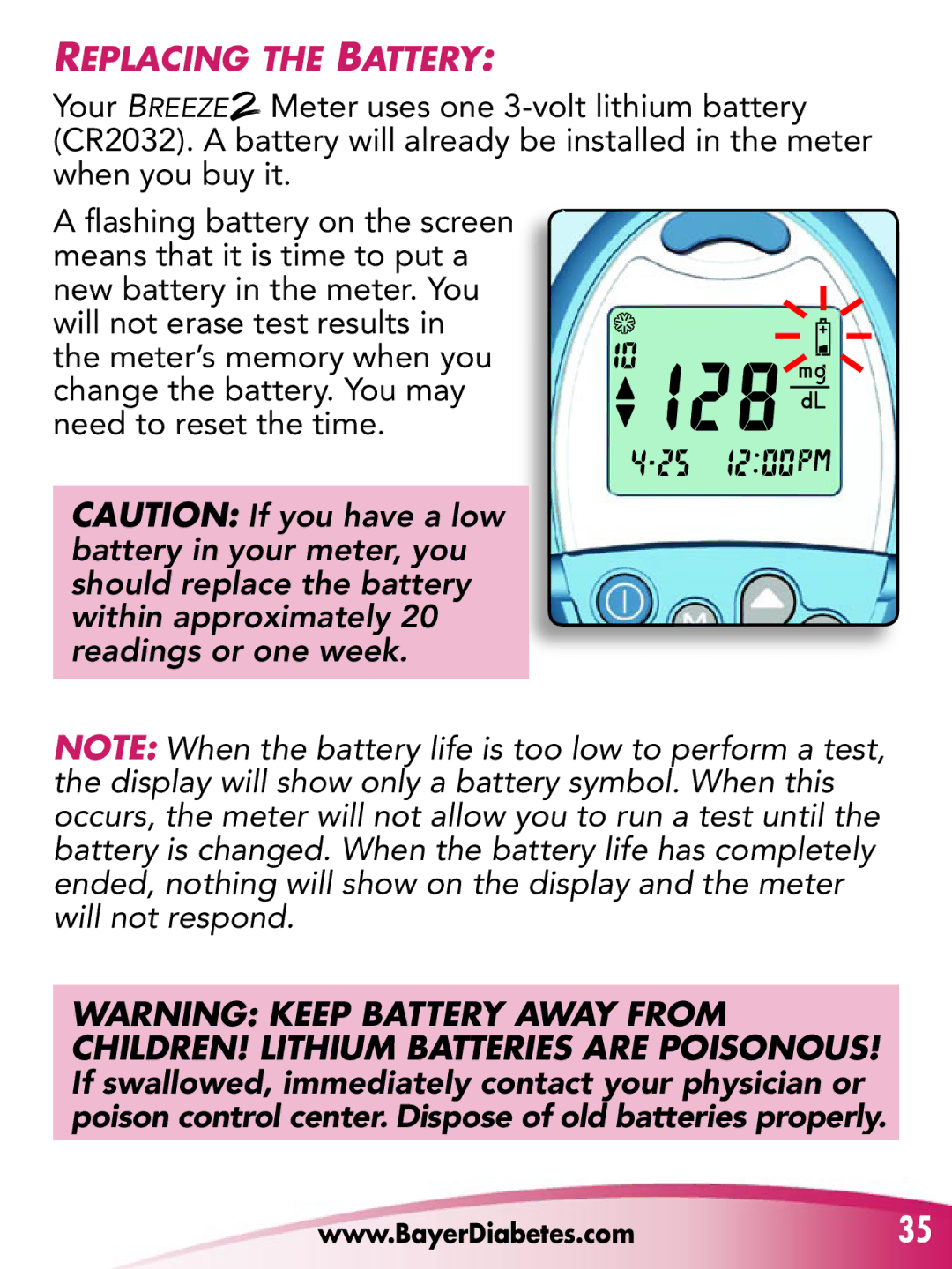 Bayer HealthCare Breeze 2 manual RePlaCIng The baTTery 