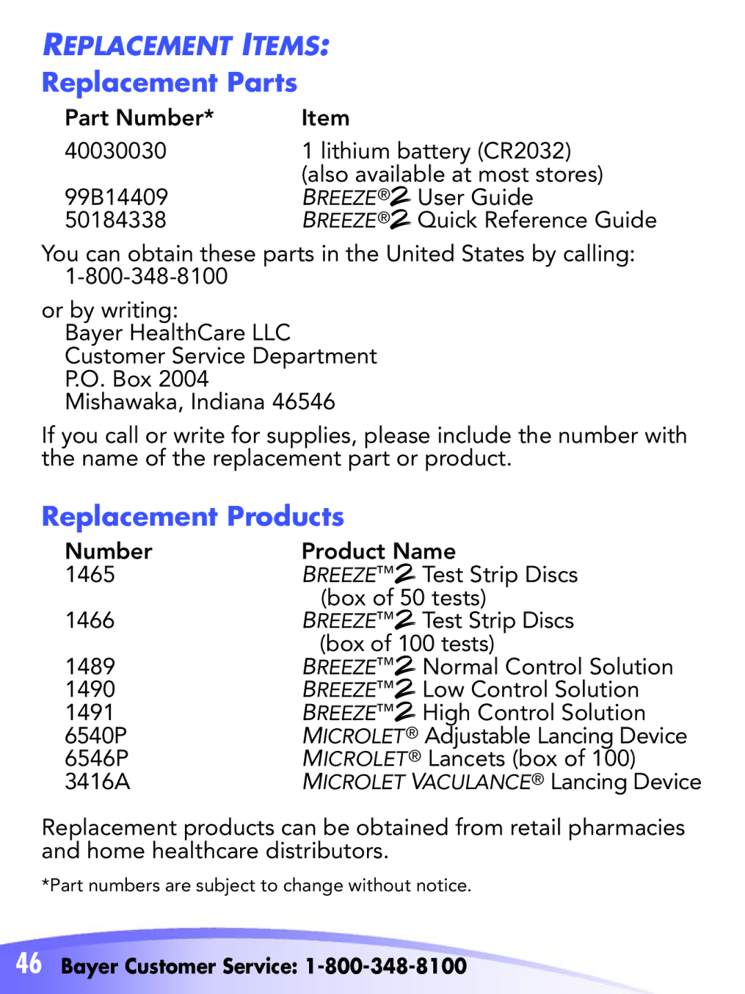 Bayer HealthCare Breeze 2 manual Replacement Items 