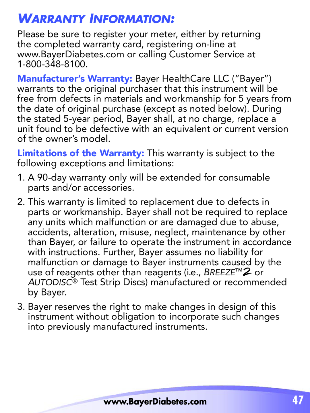 Bayer HealthCare Breeze 2 manual Warranty Information 