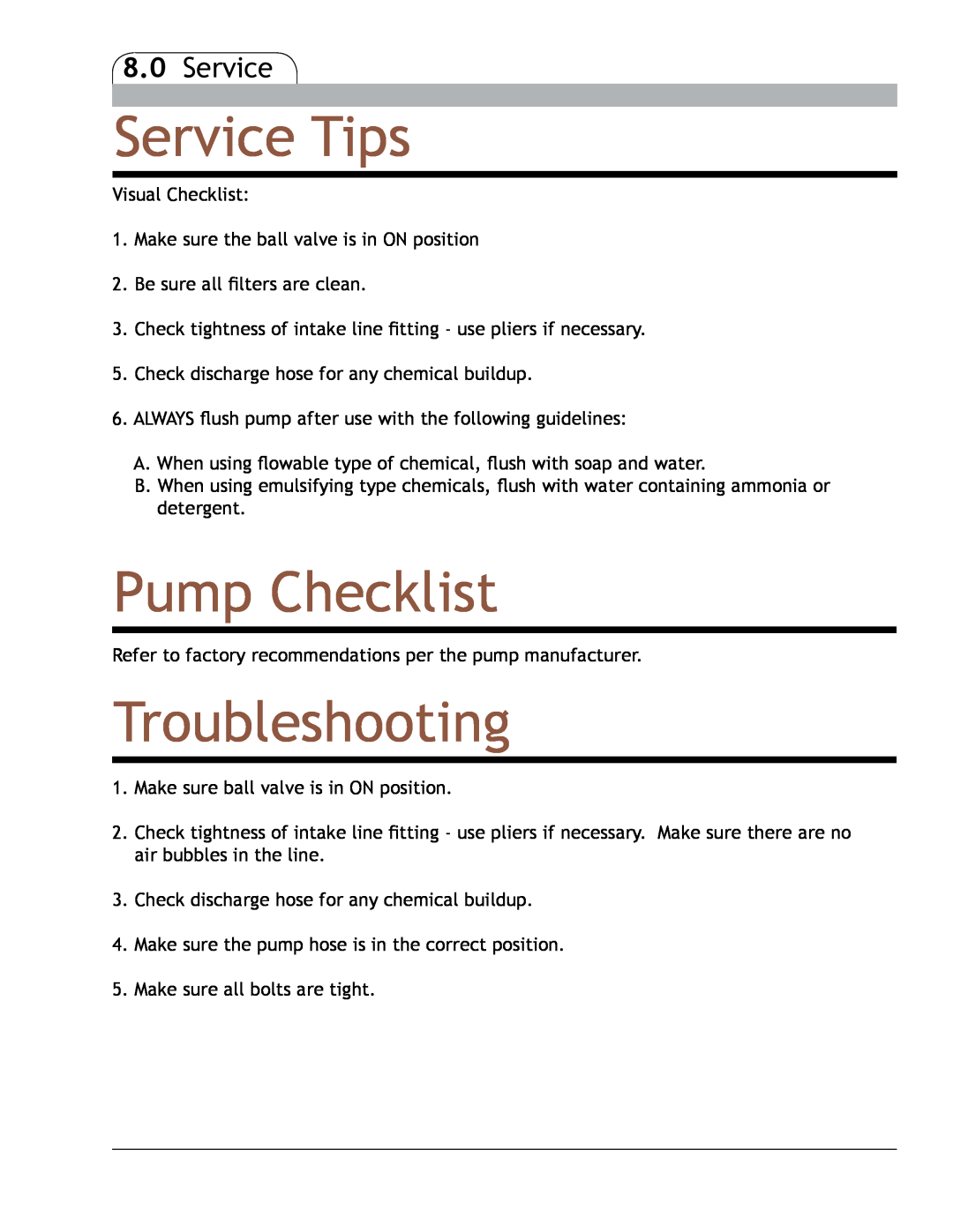 Bayer HealthCare CF-80 manual Service Tips, Pump Checklist, Troubleshooting 