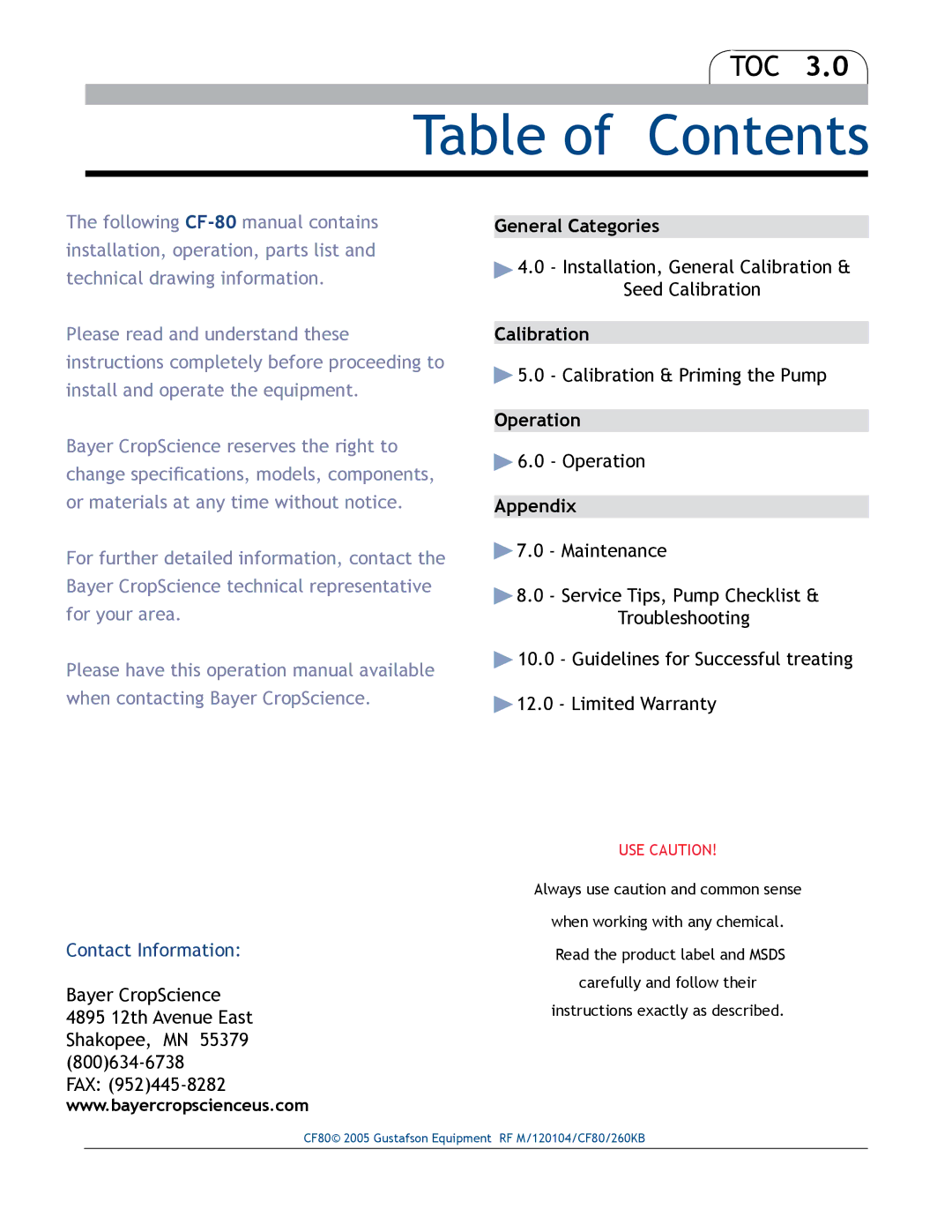 Bayer HealthCare CF-80 manual Table of Contents 