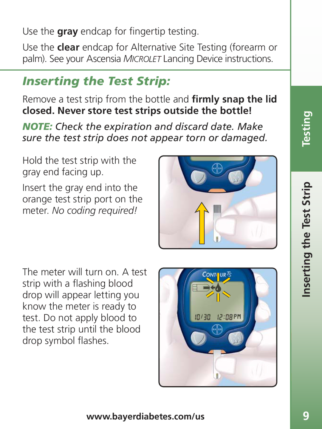 Bayer HealthCare TS manual Inserting the Test Strip Testing 