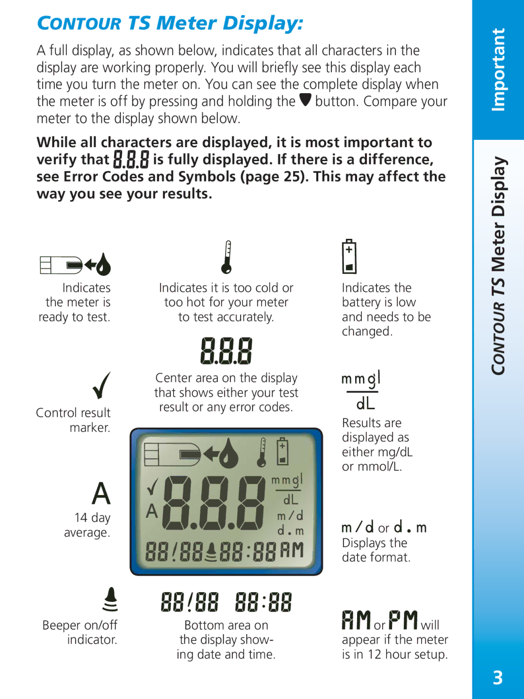 Bayer HealthCare manual Contour TS Meter Display, Meter Display Important 