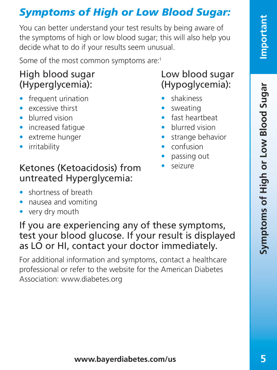 Bayer HealthCare TS manual Symptoms of High or Low Blood Sugar Important 