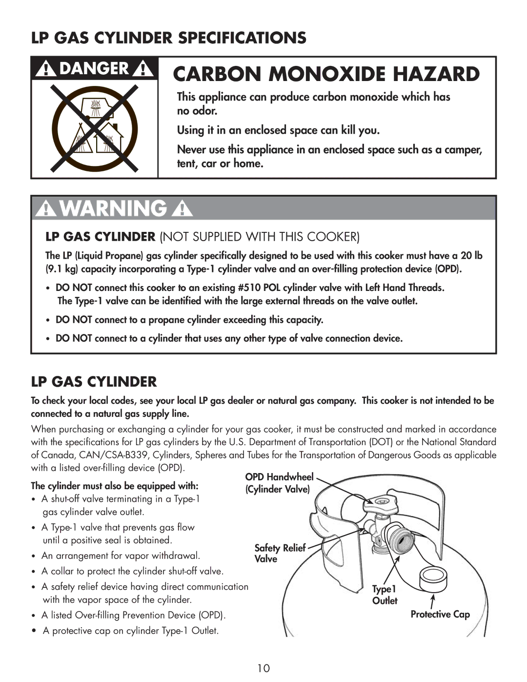 Bayou Classic 2212 owner manual Carbon Monoxide Hazard, LP GAS Cylinder 