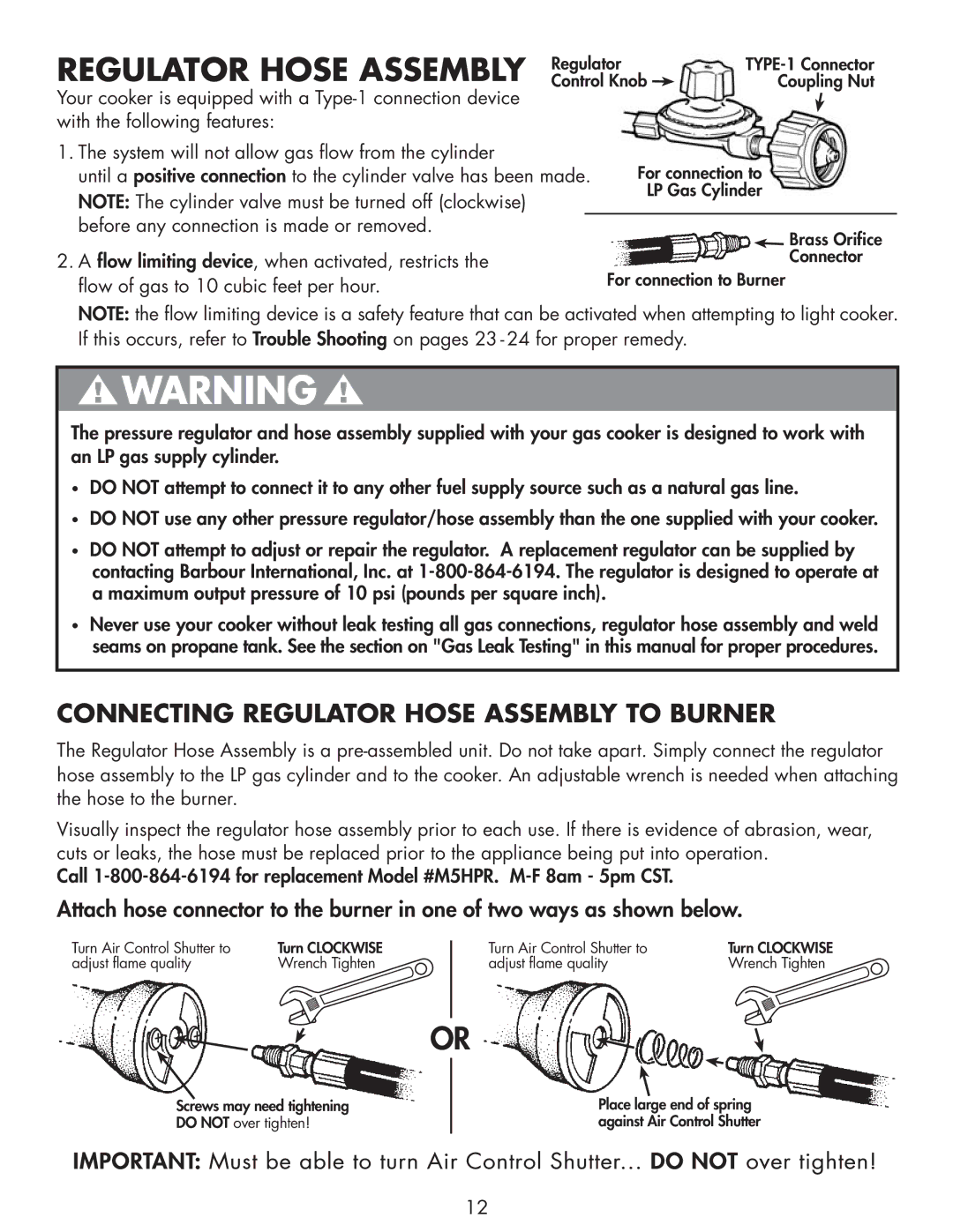 Bayou Classic 2212 owner manual Regulator Hose Assembly Regulator, Connecting Regulator Hose Assembly to Burner 