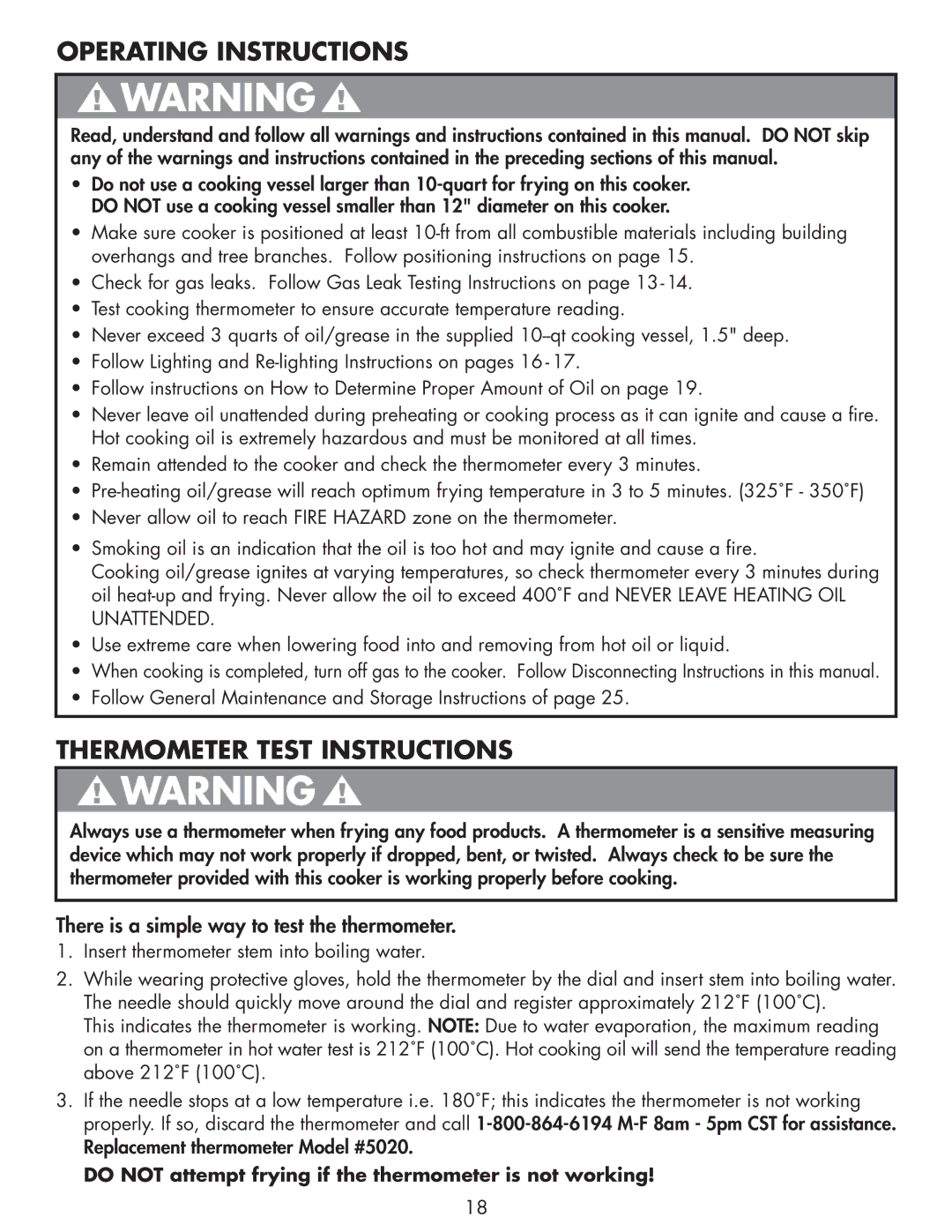 Bayou Classic 2212 owner manual Operating Instructions, Thermometer Test Instructions 