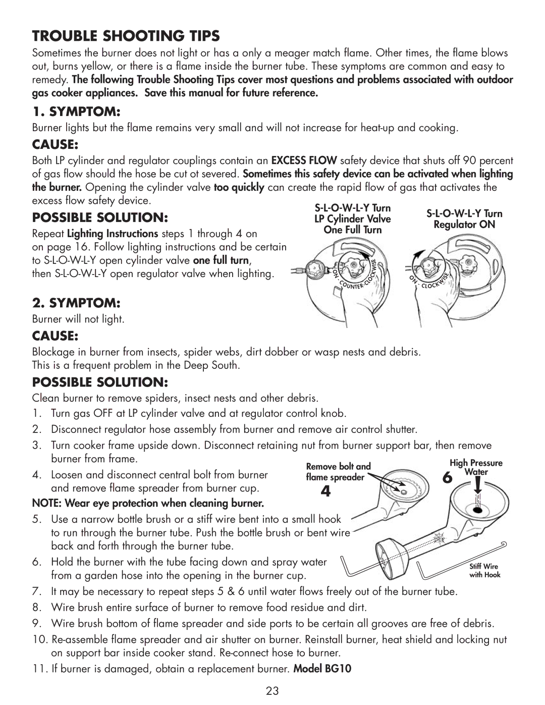 Bayou Classic 2212 owner manual Trouble Shooting Tips, Symptom, Cause, Possible Solution 