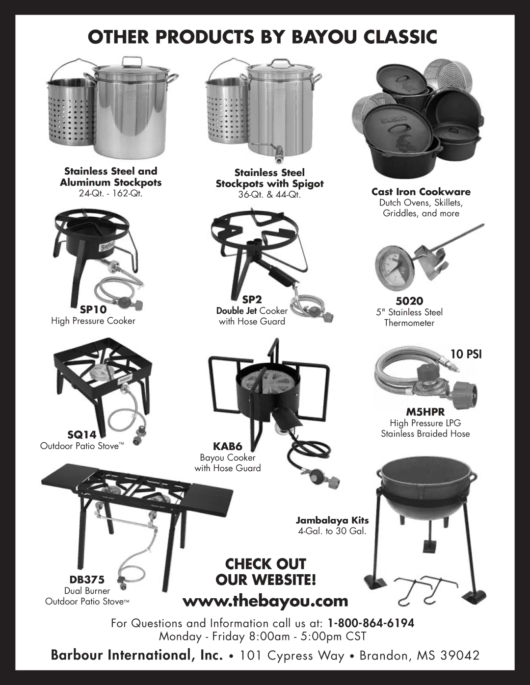 Bayou Classic 2212 owner manual Other Products by Bayou Classic, 10 PSI 