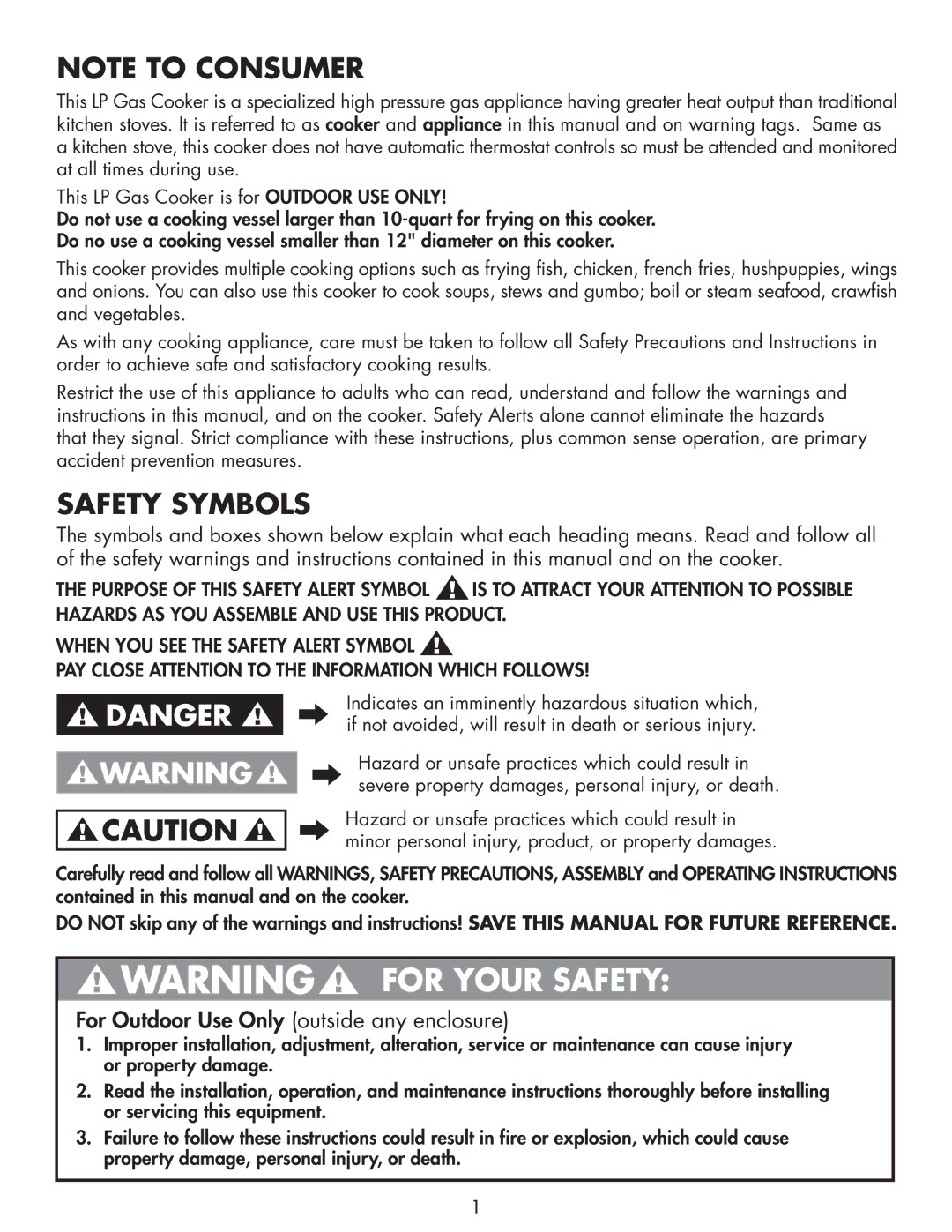 Bayou Classic 2212 owner manual Safety Symbols 