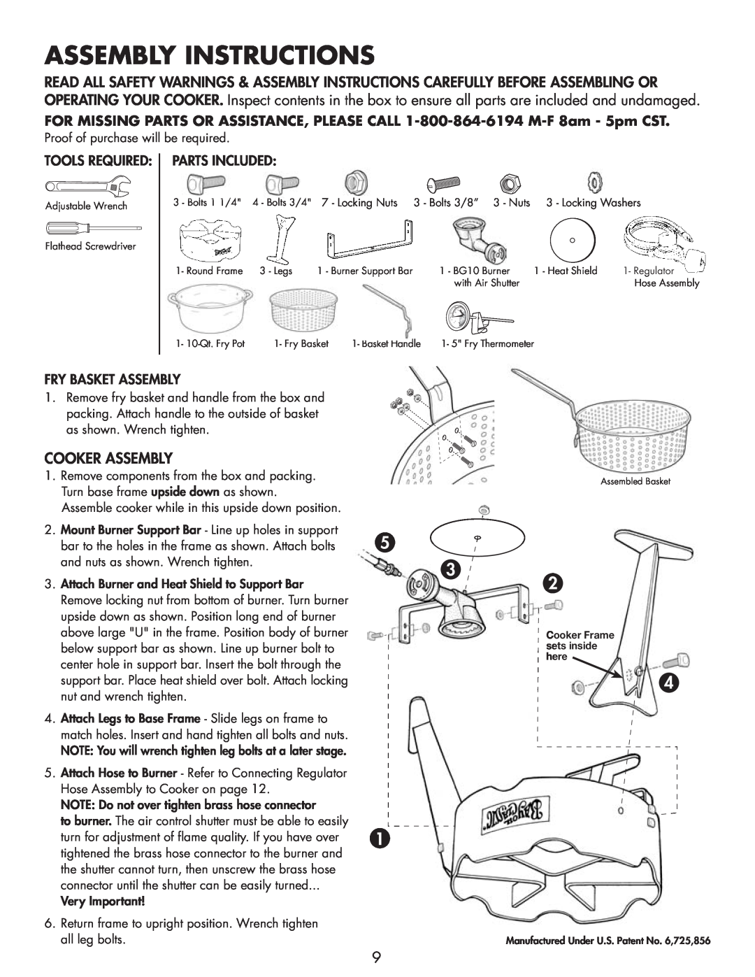 Bayou Classic 2212 owner manual Assembly Instructions, Cooker Assembly 