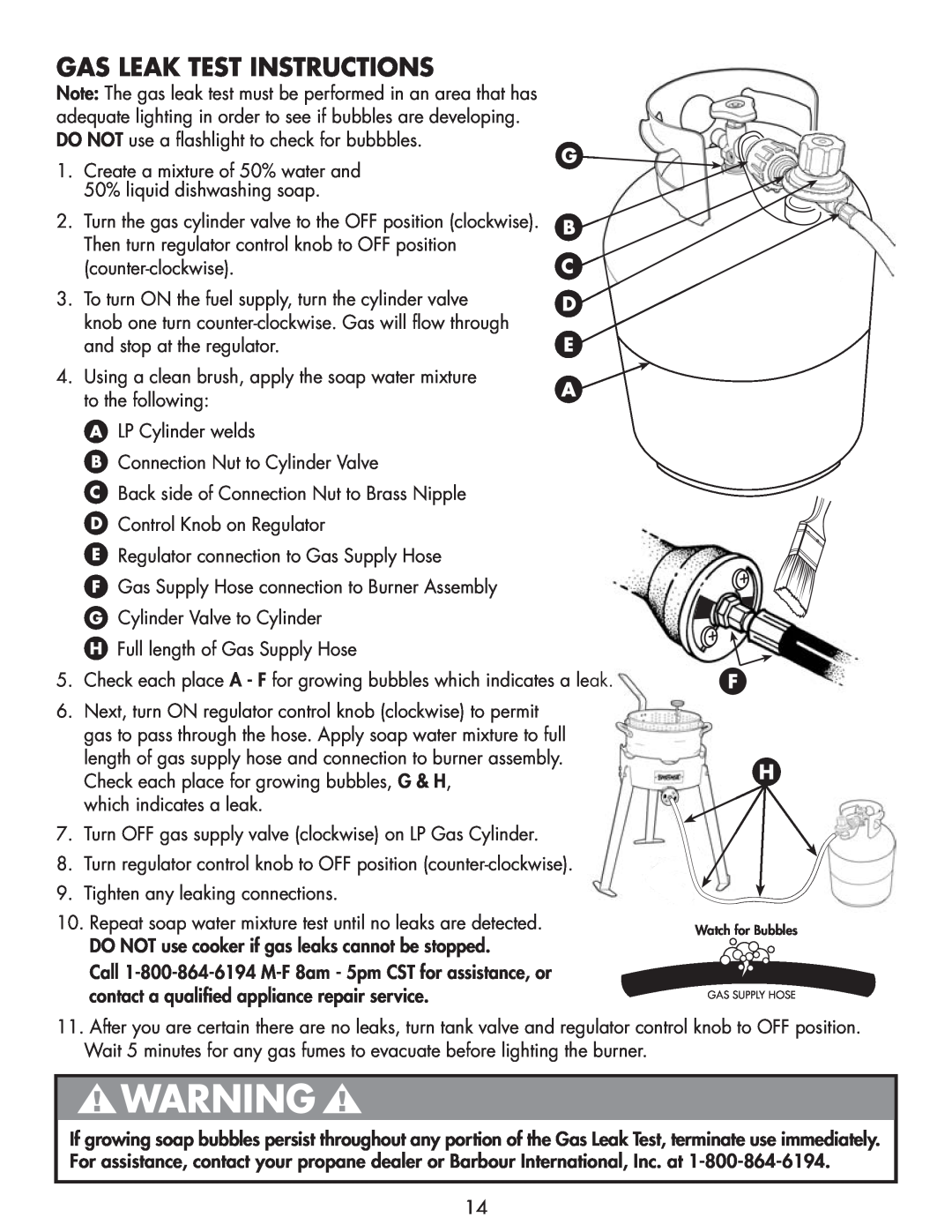 Bayou Classic 2212 owner manual Gas Leak Test Instructions 