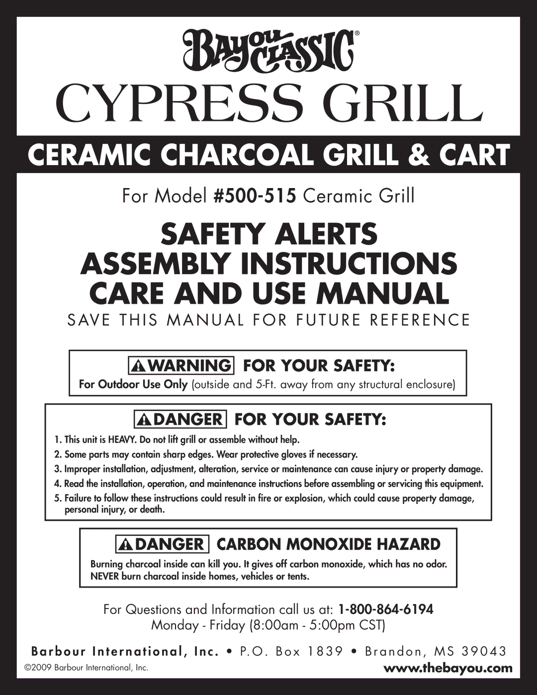 Bayou Classic 500-515 manual Cypress Grill 