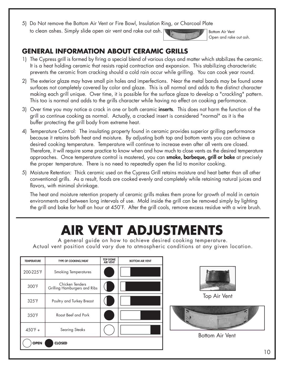 Bayou Classic 500-515 manual AIR Vent Adjustments, General Information about Ceramic Grills 