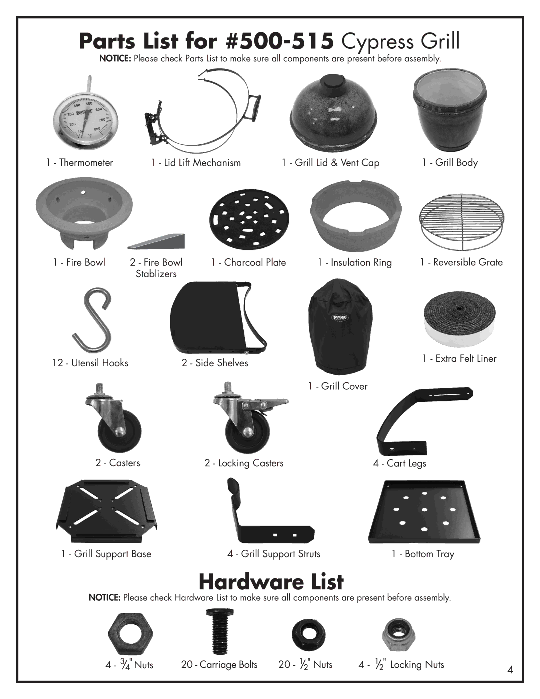 Bayou Classic manual Parts List for #500-515 Cypress Grill, Hardware List 