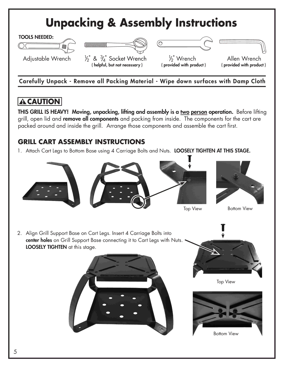 Bayou Classic 500-515 manual Unpacking & Assembly Instructions, Grill Cart Assembly Instructions 