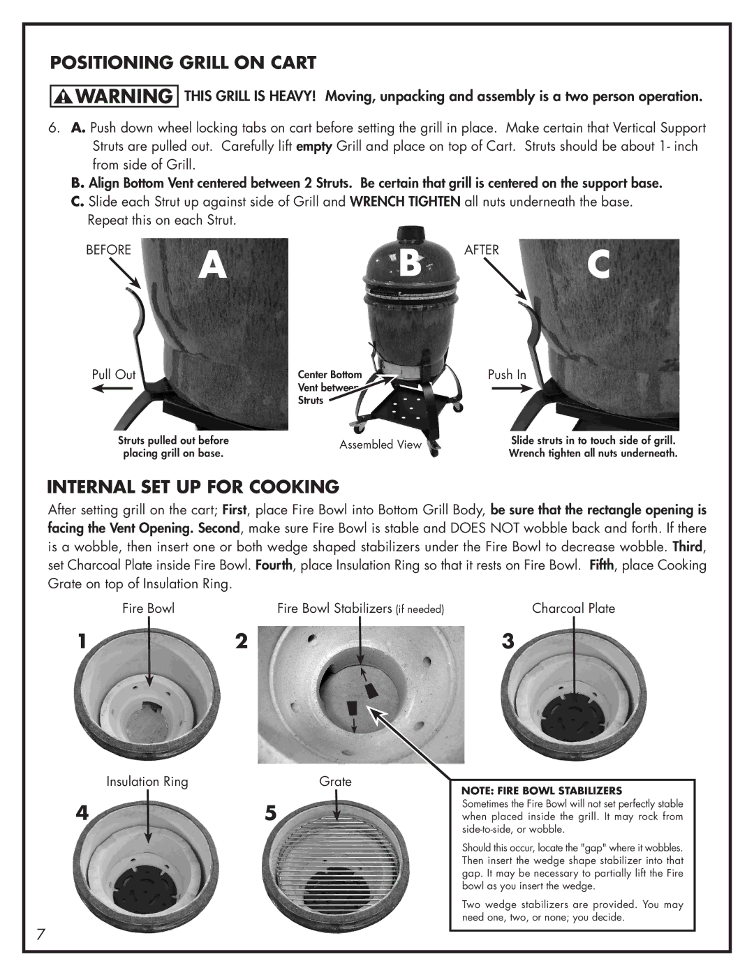 Bayou Classic 500-515 manual Positioning Grill on Cart, Internal SET UP for Cooking 