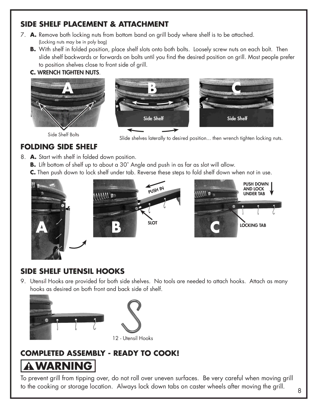 Bayou Classic 500-515 manual Side Shelf Placement & Attachment, Folding Side Shelf, Side Shelf Utensil Hooks 