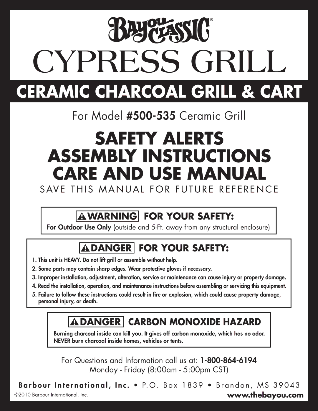 Bayou Classic 500-535 manual Cypress Grill 