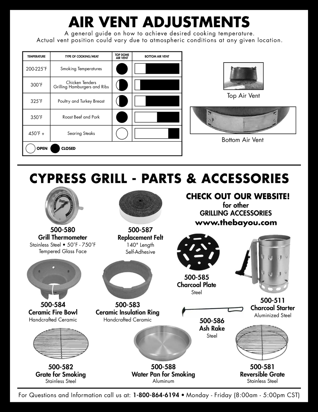 Bayou Classic 500-535 manual AIR Vent Adjustments 