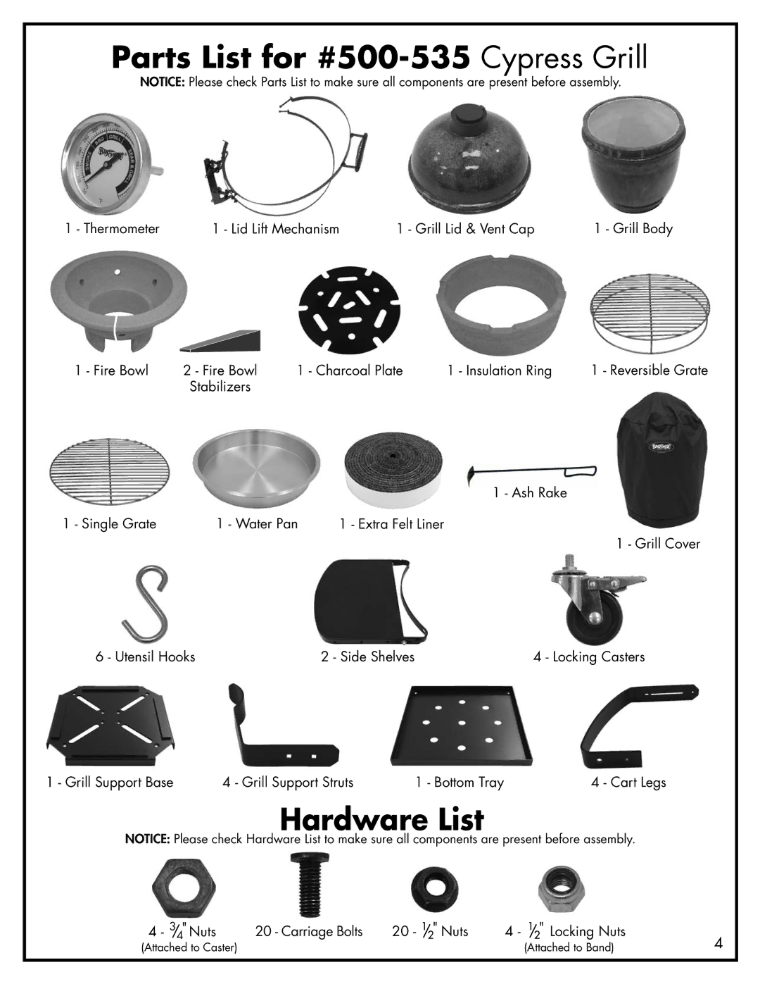 Bayou Classic manual Parts List for #500-535 Cypress Grill, Hardware List 