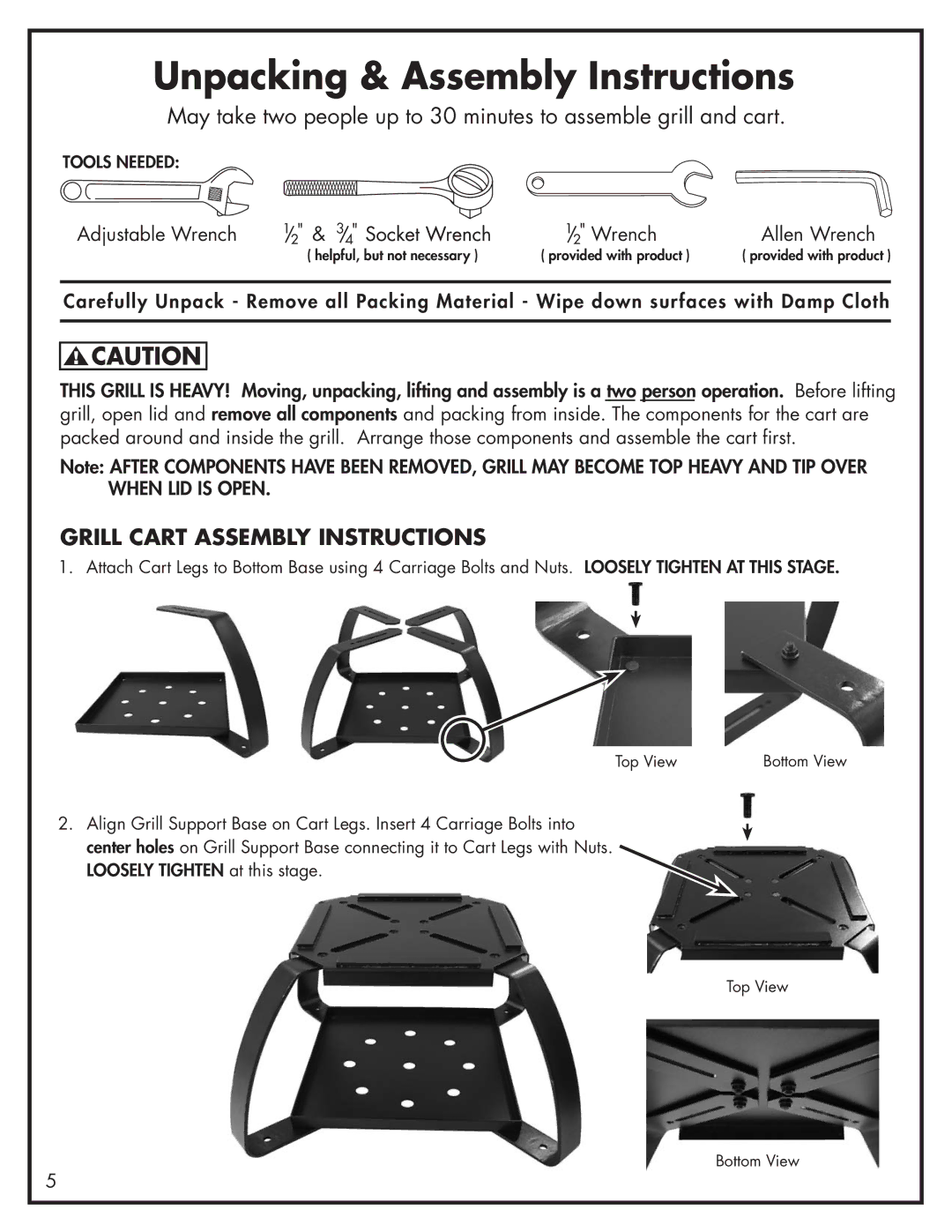 Bayou Classic 500-535 manual Unpacking & Assembly Instructions, Grill Cart Assembly Instructions 