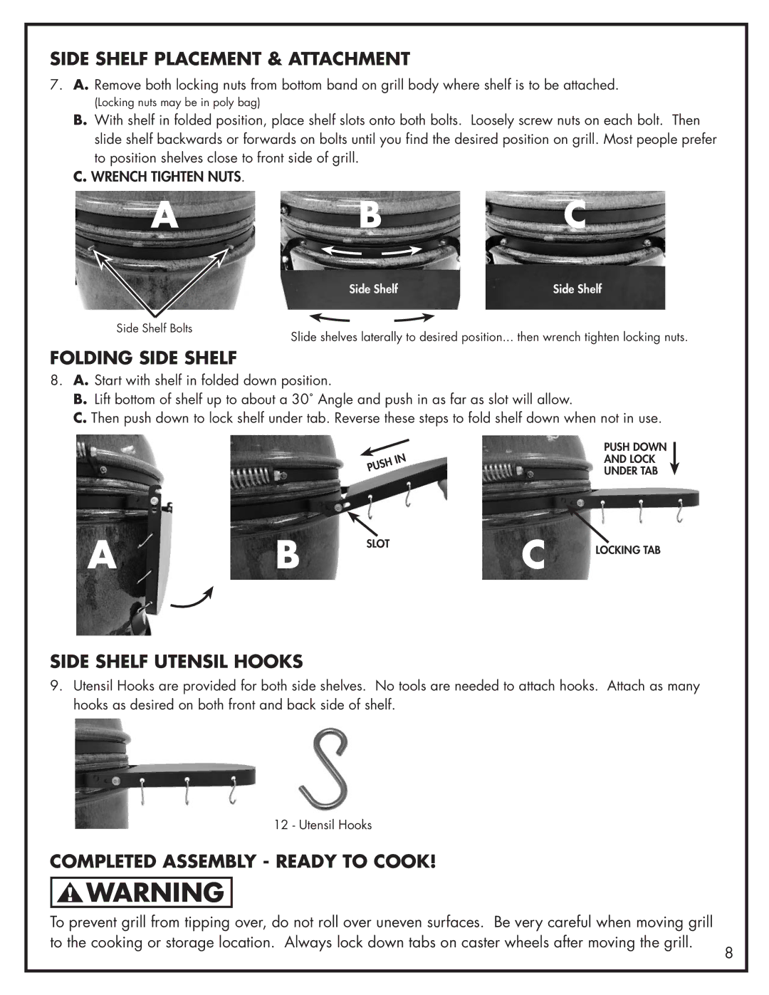 Bayou Classic 500-535 manual Side Shelf Placement & Attachment, Folding Side Shelf, Side Shelf Utensil Hooks 