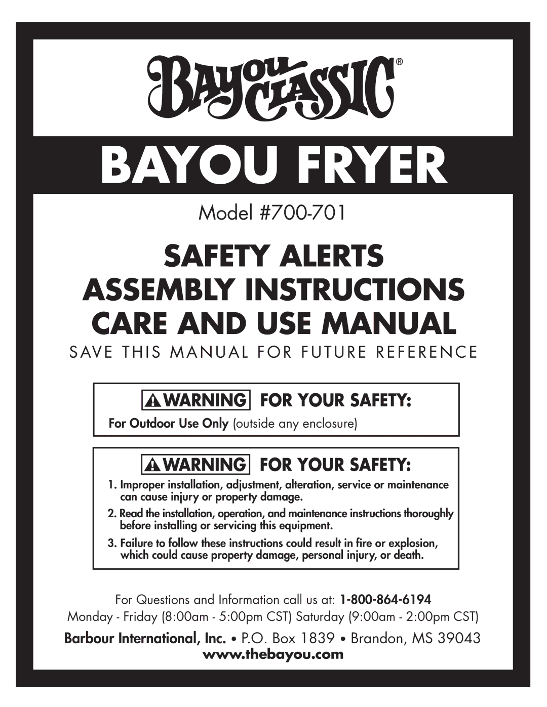 Bayou Classic 700-701 manual Bayou Fryer 