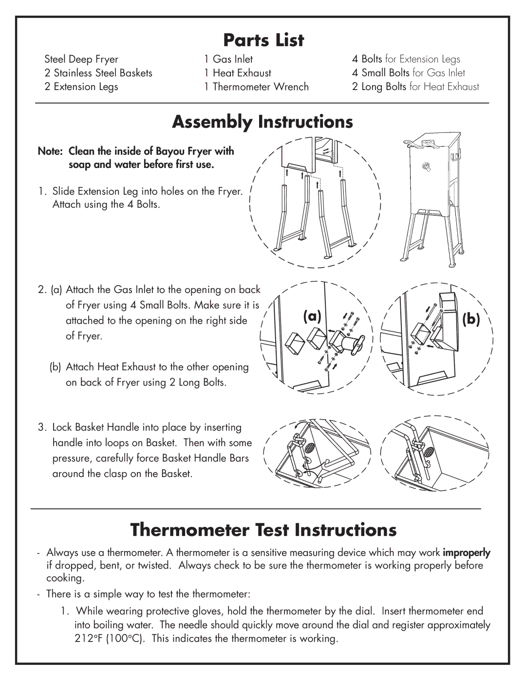 Bayou Classic 700-701 manual Parts List, Assembly Instructions, Thermometer Test Instructions 