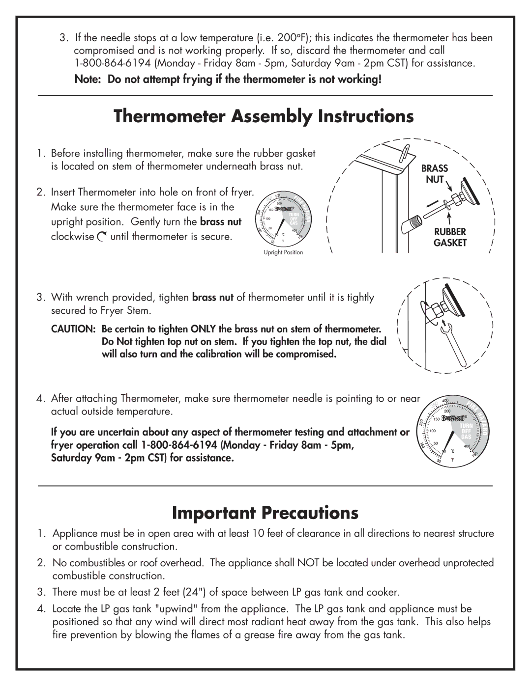 Bayou Classic 700-701 manual Thermometer Assembly Instructions, Important Precautions 